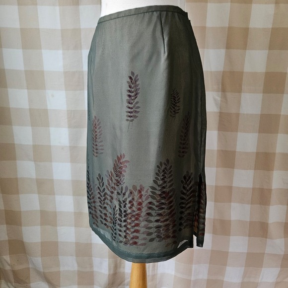 Alfani Dresses & Skirts - Vtg 90s Y2K Alfani Silk Sheath Skirt Olive Green Fern Leaf Print Side Slit Sz 10